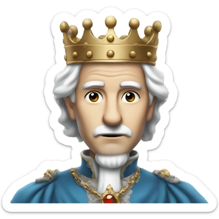 a king very old and pale with black eyes crown and white hair serious thin nose and blue clothes sticker