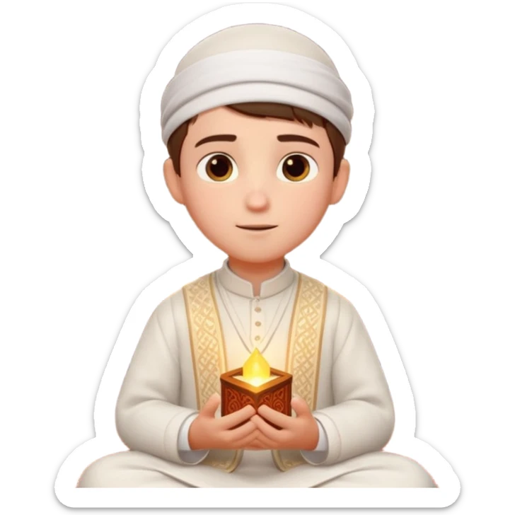 Personnage 3D mignon en style Pixar, un petit garçon portant un qamis blanc et un kufi, tenant un tapis de prière, entouré de lanternes brillantes, fond doux, couleurs chaudes, sticker