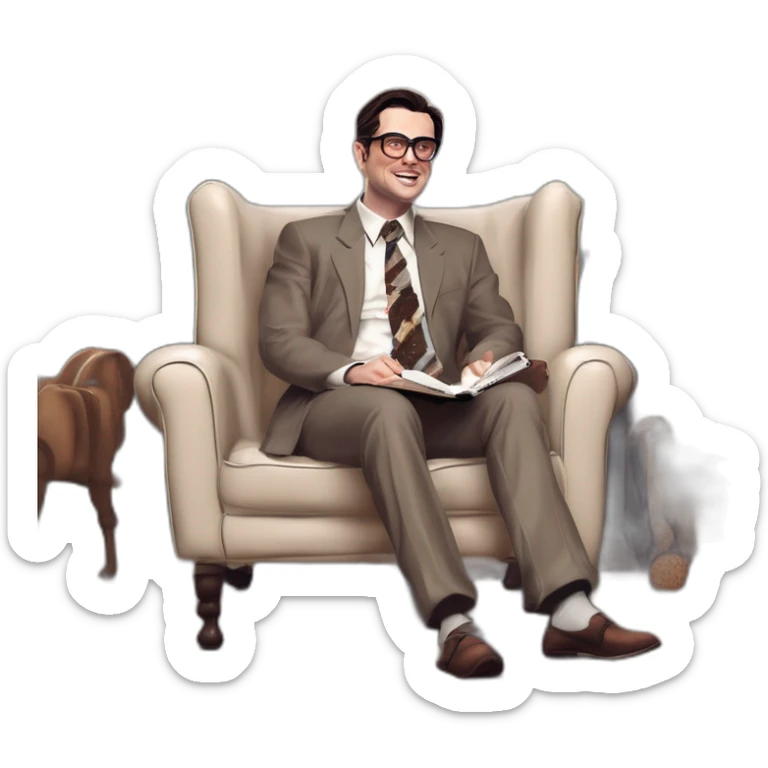 demonstrating his tongue Pale skinned Fit Man With dark brown hair in gray jacket, beige office shirt, Brown pants and vintage glasses sitting In a soft chair with a notebook and a pen sticker