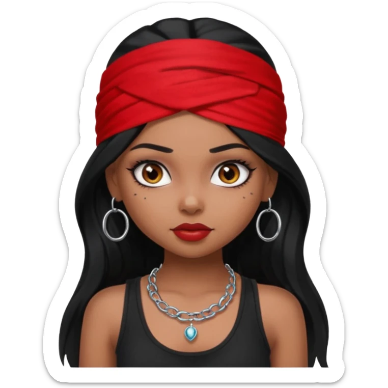 a pretty bratz dusky girl with long black hair, kajal under eyes, small silver hoop. black tank top on. Red bandana on sticker