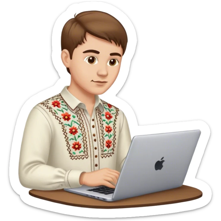 A Ukrainian guy with brown hair in an embroidered shirt works at his laptop sticker