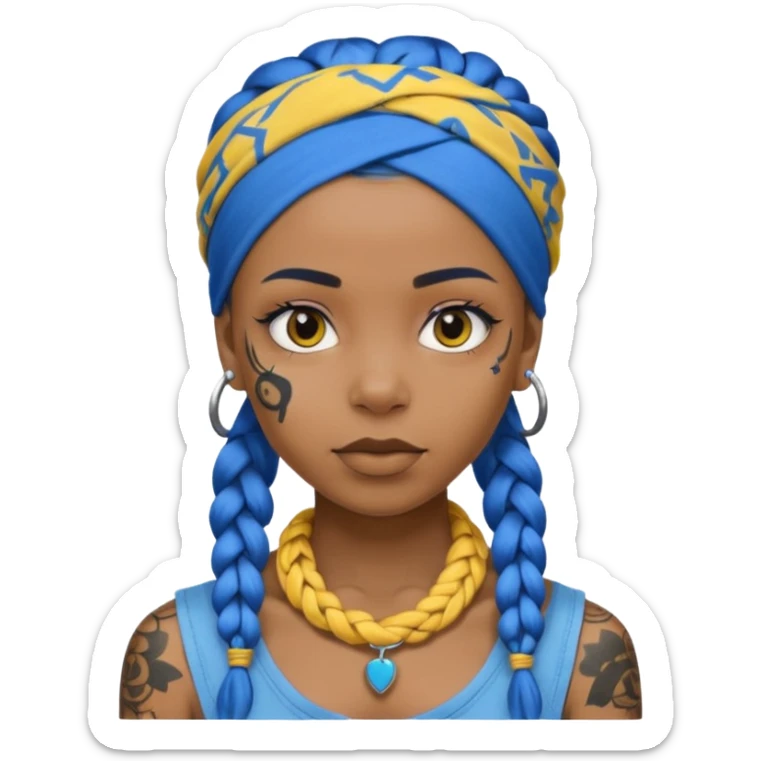 blue braided hair with yellow head bandana and lots of face tattoo black skin girl sticker