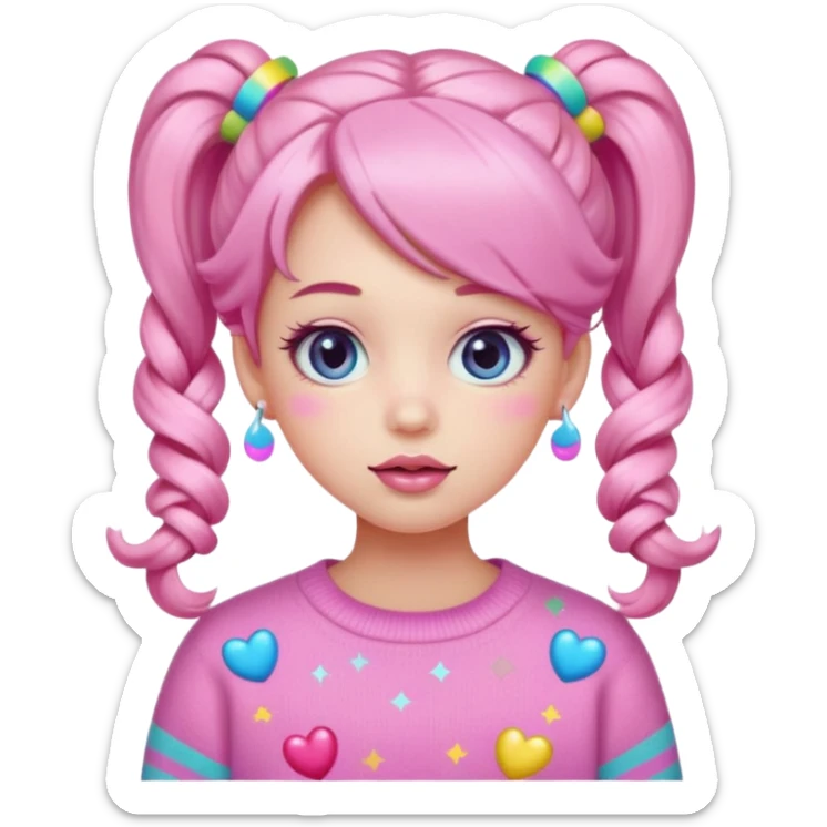 “Emoji girl, pastel pink blush, sparkly wide eyes, glossy bubblegum lips, hair in pigtails with colorful clips, oversized pastel sweater.” sticker