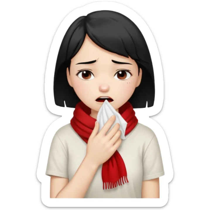 a pretty bratz fair girl crying in a loose oversized off white tshirt and red scarf with short black hair with a tissues in hand sticker