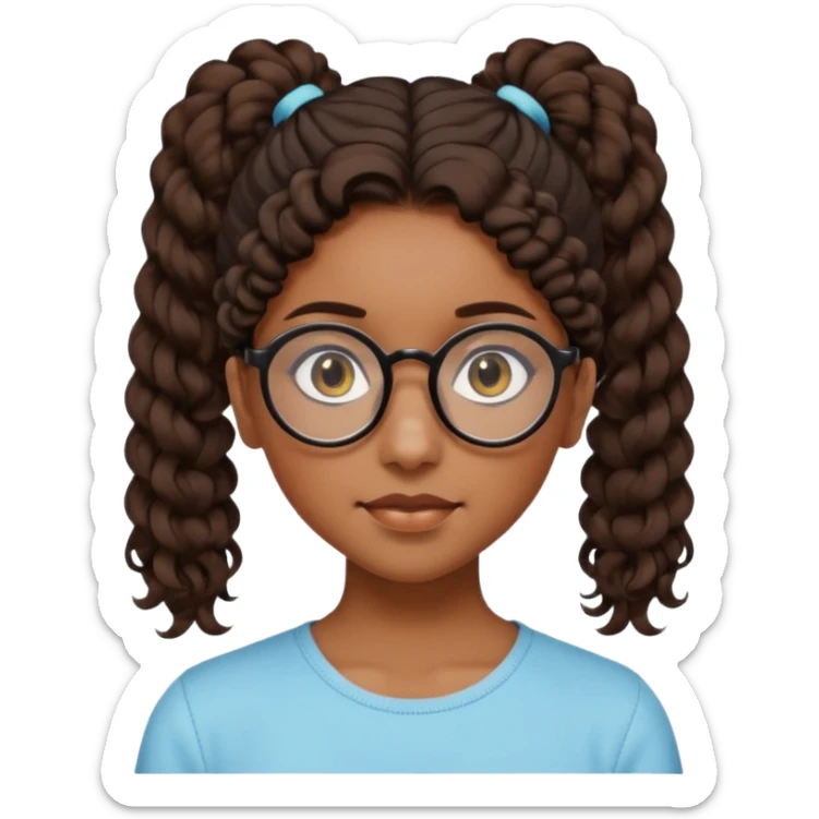 chica morena de ojos claros con gafas negras exagonales redondeadas. y pelo rizado castaño con todo el pelo recogido en una coleta .. Con todo el pelo recogido un clen look solamente una coleta tiene 16 años sticker