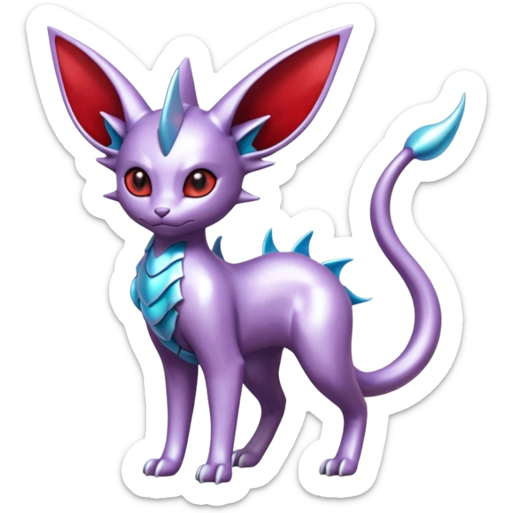 Mechanical Silvery Iridescent Miraidon-Espeon-Mewtwo-Vaporeon-Fakémon-hybrid-creature (full body)  with red eyes and intricate markings sticker