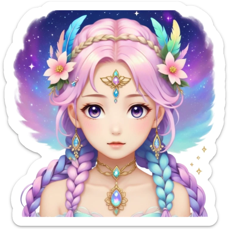 Beautiful gorgeous anime lady with beautiful iridescent-nebula-braided-hair, fashion aesthetic, ethereal, fairycore, pastelcore, feathers, flowers, gems, accessories, jewelries, gold, colorful sticker