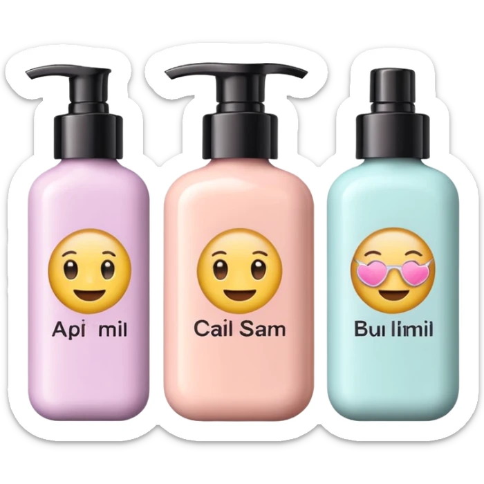 emoji of three different beauty products, with brand labels, minimalistic but luxury design (realistic), pastel colors sticker