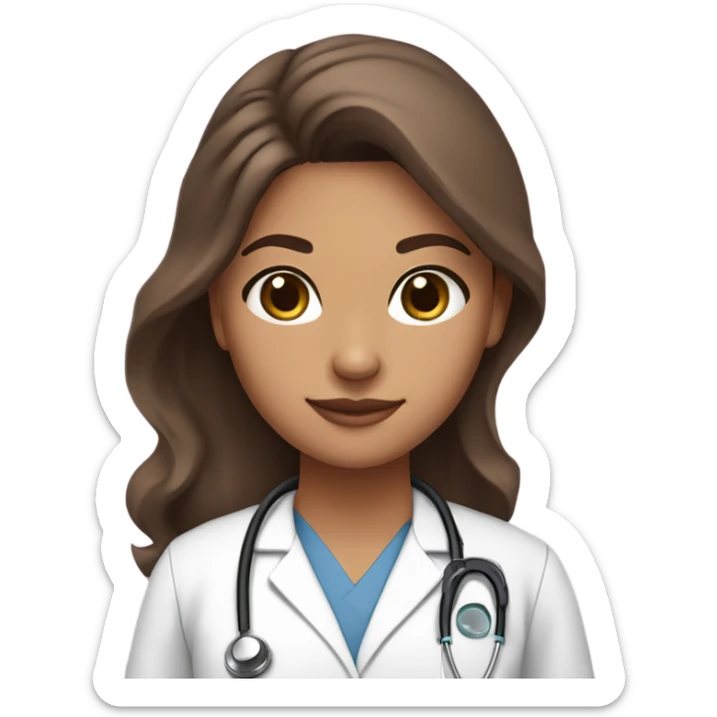Tan skin color girl with dark brown eyes and long thick eyelashes. She has long brown wavy hair. She has a pink scrubs set on her as her clothes, with a pink stethoscope around neck.  sticker