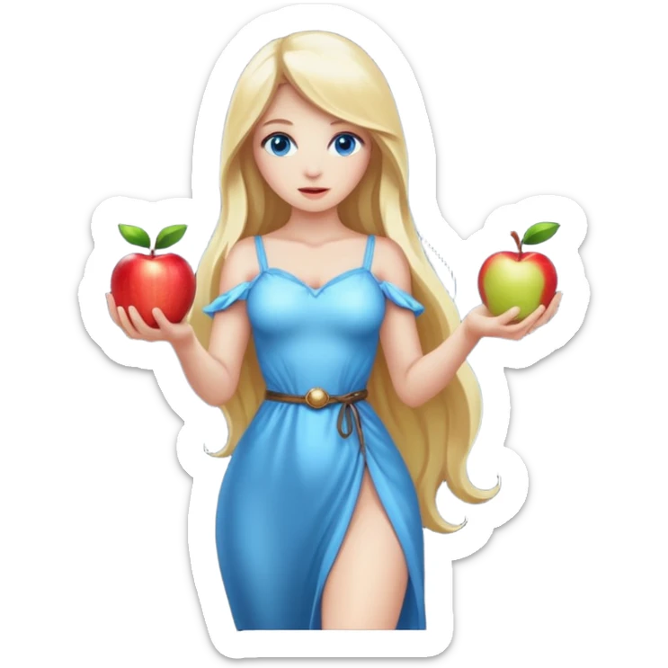 full body woman long blonde hair blue eyes white skin holding glowing apple like forbidden fruit sticker