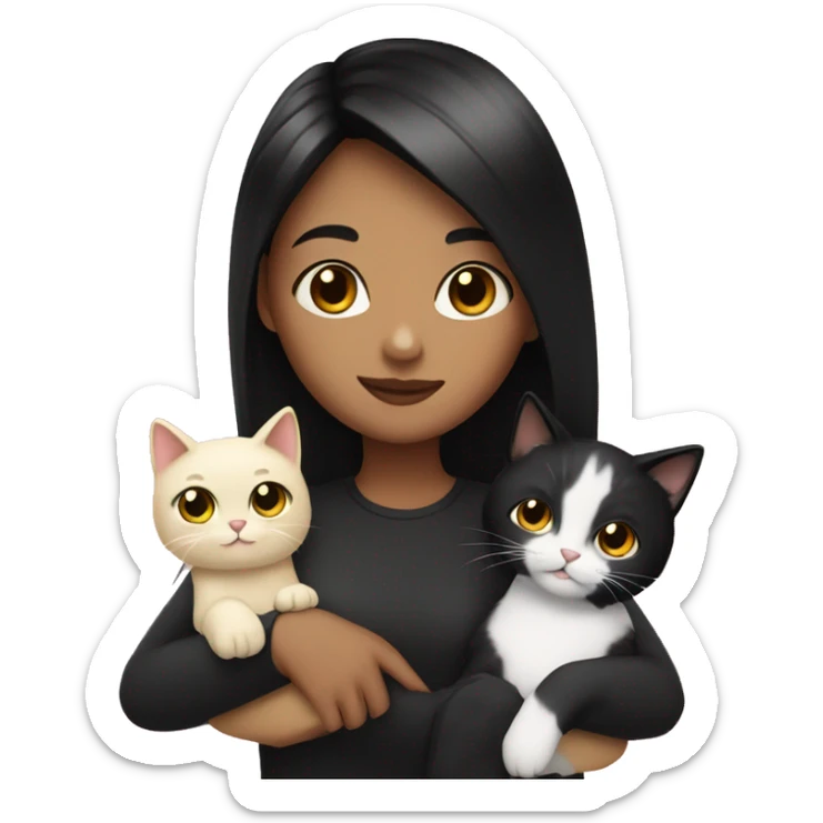 Girl with black hair and blonde highlights with one black cat and one white cat in her arms  sticker