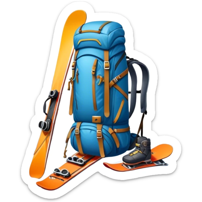 Icon for Mountain Tourism: a snowy peak landscape with skis, a snowboard, climbing equipment, a backpack and a camera. The icon should represent the adventure and excitement of mountain travel and outdoor exploration. Transparent background. sticker