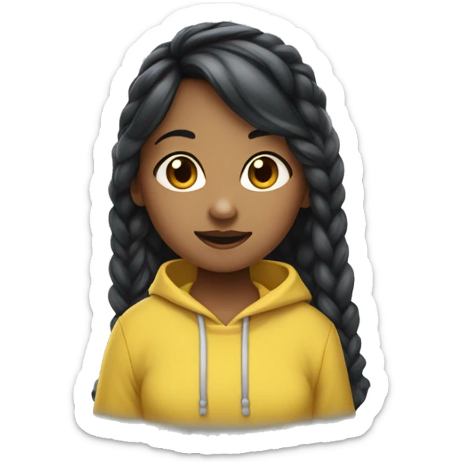 Girl wearing yellow hoodie with black hair (2 braids) and bangs eating blueberries. She is not black or white she is south Asian so light brown sticker