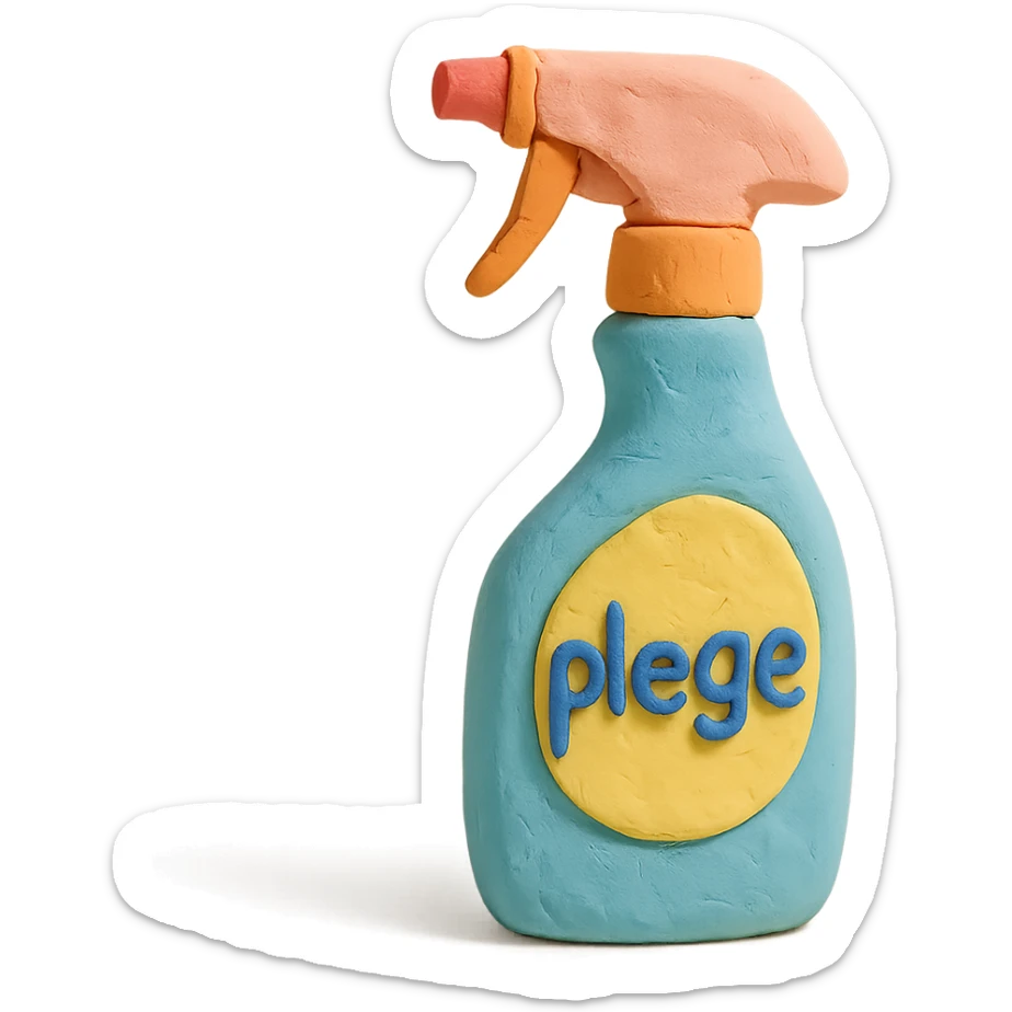 claymation style Pledge-inspired furniture polish bottle with a spray nozzle, playful arrangement, pastel palette sticker