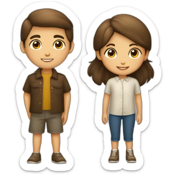 Gemelos Niño y niña de 8 años, niño pelo marrón claro liso y niña pelo marrón oscuro rizado sticker