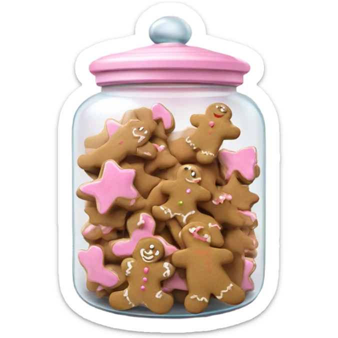 Realistic glass cookie jar with light pink lid full of gingerbread cookies isolated.  sticker