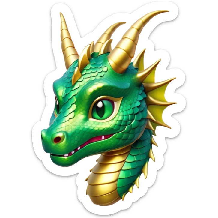 Cinematic Cute Dragon Portrait Emoji, Head tilted playfully and inquisitively, featuring a sleek, serpentine form adorned with iridescent scales that shift between emerald and gold, a delicate set of subtle horns, and round, sparkling eyes full of curious magic; rendered with realistic detail and warm natural light, high shine, affectionate and enchanting, styled with a touch of whimsical fantasy, soft glowing outline, capturing the essence of a mischievous yet lovable dragon that seems poised to slither playfully into your arms! sticker
