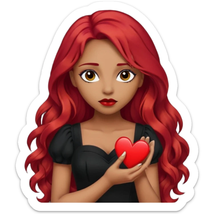 woman with long red hair dark make up olive skin holding a broken heart black dress sticker