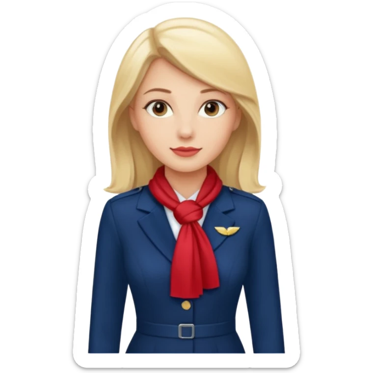 azafata de vuelo rubia, con un vestido azul marino, liso con un pañuelo de color rojo sticker