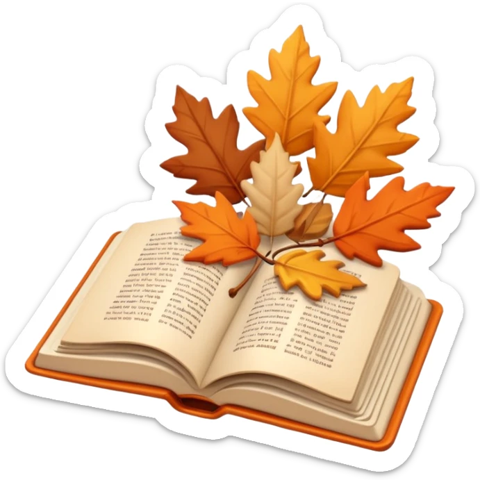 A cute 3D emoji of an open book with autumn leaves around it, cozy fall colors (orange, brown, beige), playful and modern style, glossy finish, minimalistic but expressive, symbolizing a Fall Reading Challenge. sticker