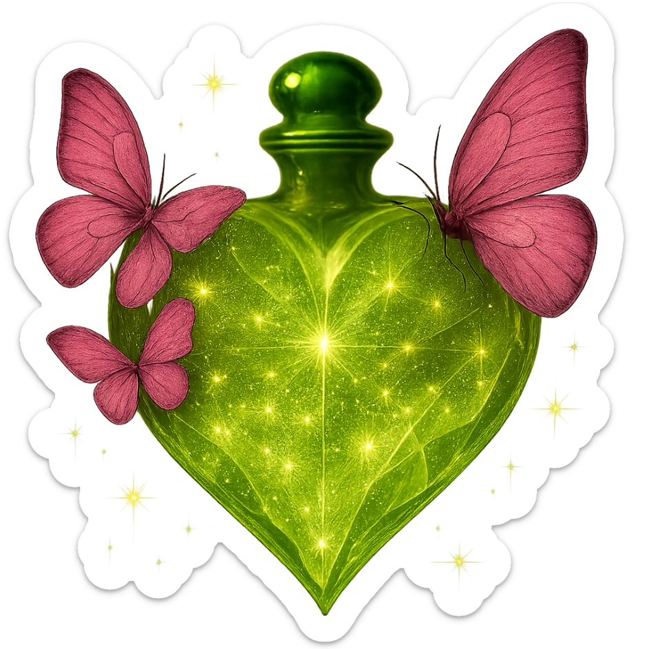 Change only the color of the butterflies to pink. Keep everything else exactly the same: diamond heart bottle with #c0ff53 glitter liquid, magical sparkling dust, transparent background. Maintain the original style and details. sticker