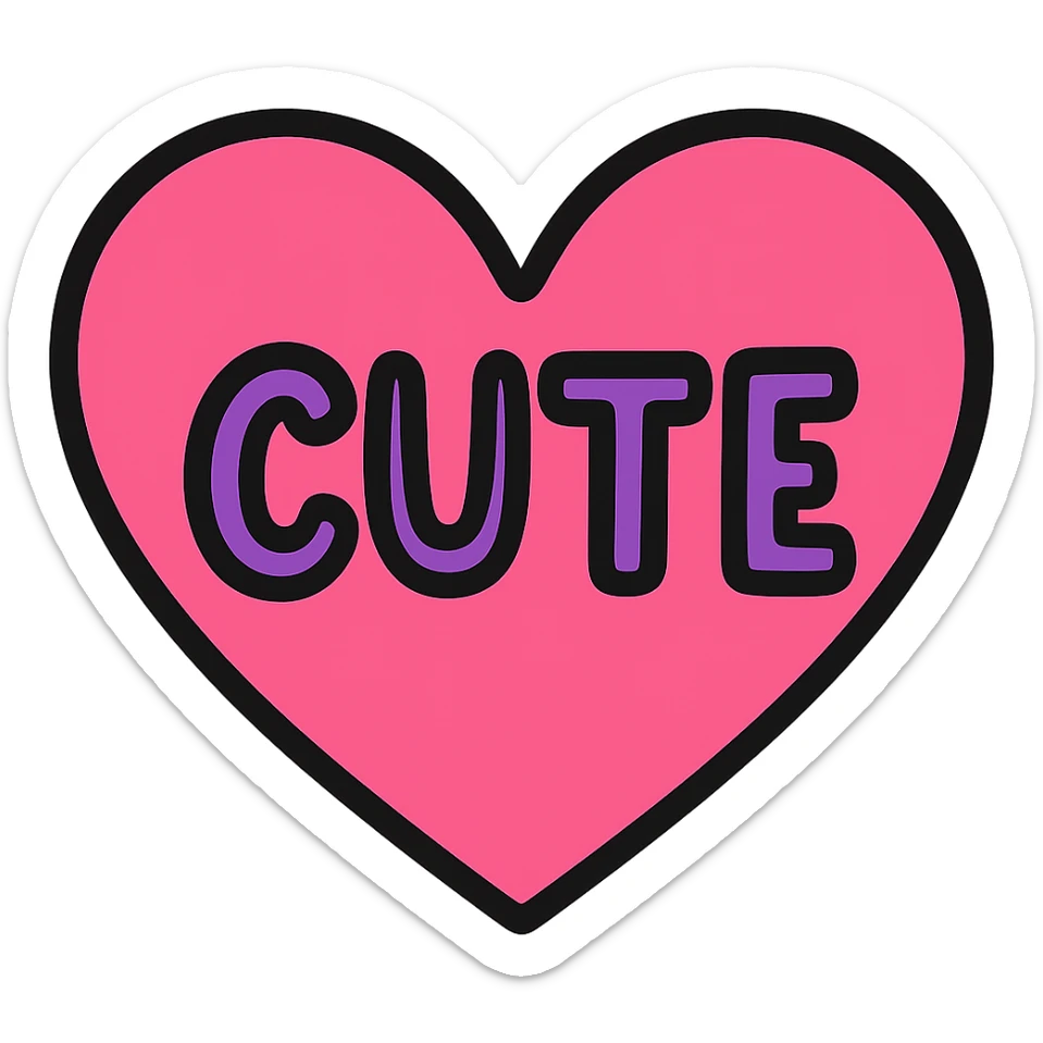 Change the word CUTE to purple, keep the pink heart and color outline icon style, handwritten text, with no background. sticker