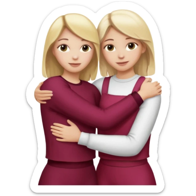 two girls who hug eachother. one has medium blonde hair with blonde highlights and very pale skin , other has medium skintone and blush and blonde hair. girl with medium blonde hair is wearing a white outfit and girl with blonde hair is wearing a burgundy outfit sticker