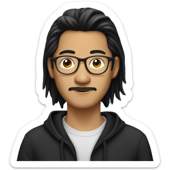 Asian Guy with long black hair and round glasses, mustache and black hoodie sticker