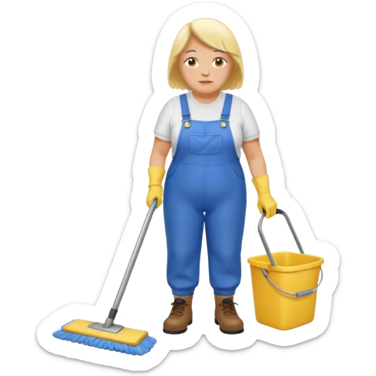 old and fat women, Custodian with yellow rubber gloves, white T-shirt, blue overalls, mopping floor sticker