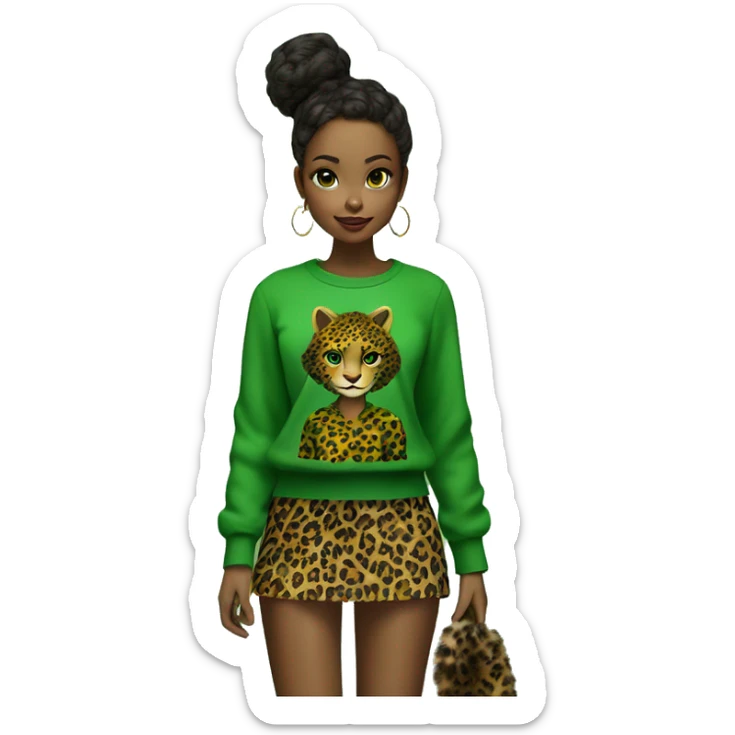 Green girl with panter print top on, panterprint skirt and panterprint fur boots sticker