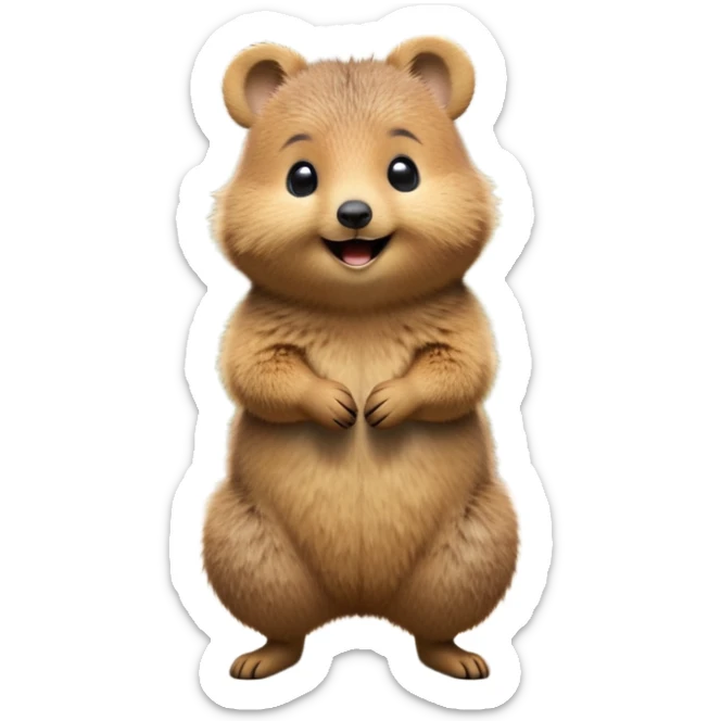 cinematic-quokka-realistic-full-body-standing on its hind legs hunched over-emoji,-small-round-frame-balanced-on-tiny-strong-hind-legs,giant fluffy cheeks large smile-fluffy-brown-fur-radiating-a-warm-softness,-big-round-eyes-filled-with-joy-and-innocence,-tiny-clawed-paws-held-close-to-chest,-cheerful-smile-exuding-endearing-happiness,-simplified-yet-realistic-focused-features,-highly-detailed,-glowing-with-a-sunny-warmth, skinny tail sticker