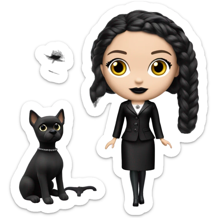   Hostess Wednesday Addams Barbie.  very light skin face. Black lipstick and eyeshadow. Earrings matching necklaces. Long silky raven hair.  Silk pj separates black high heel.  sticker