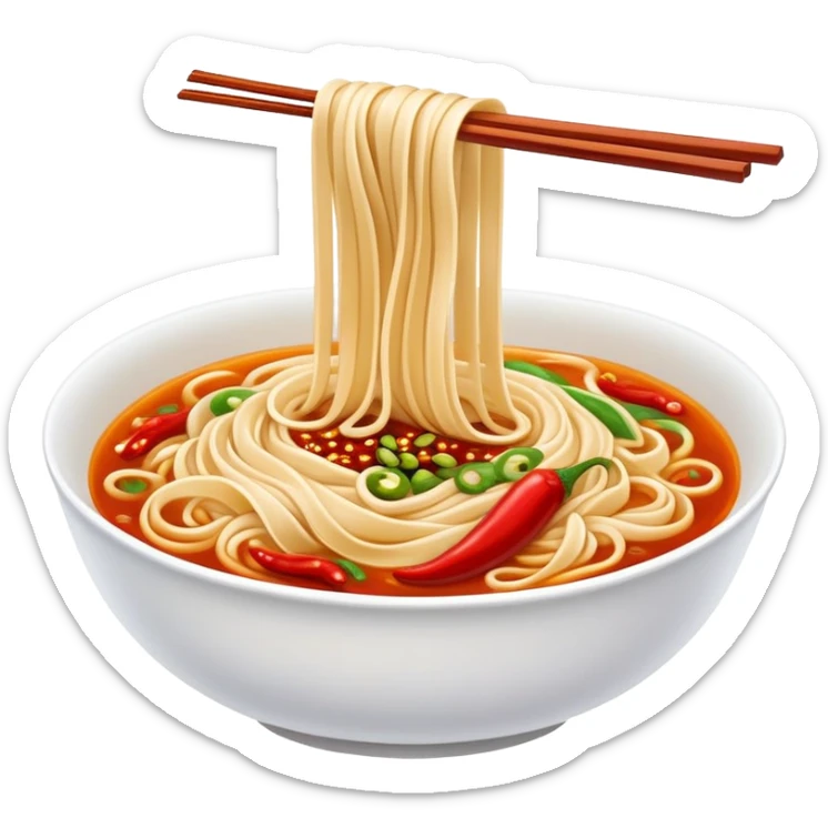 Xi'an Biangbiang noodles with extra wide belt shape and chili oil, simplified emoji style with bold outlines and bright colors, cartoon style Shaanxi specialty sticker