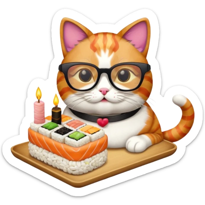 cat with cool square shaped glasses eating a birthday cake made out of sushi sticker