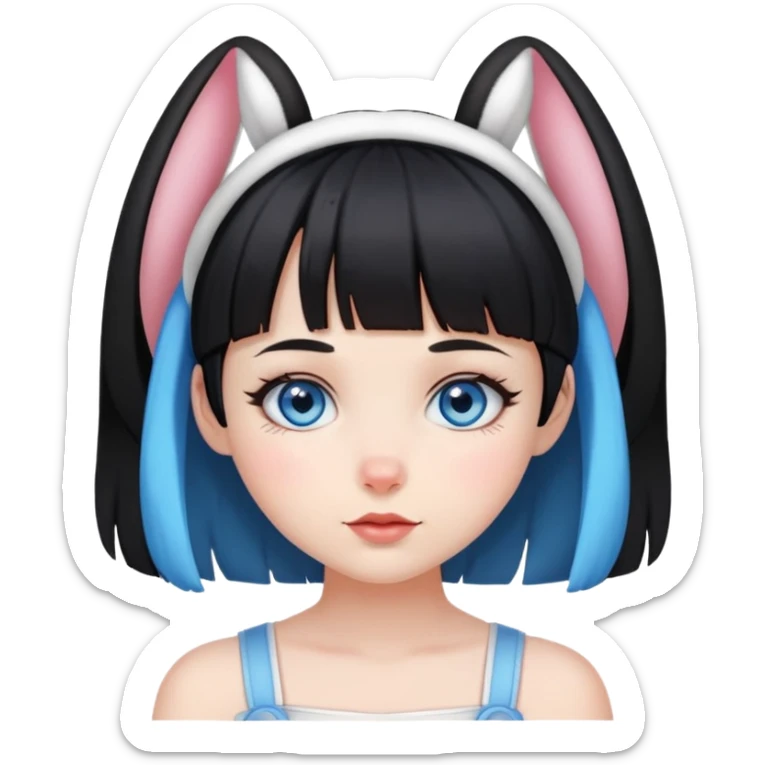 Girl with blue eyes and black hair with short bangs and bunny ears sticker