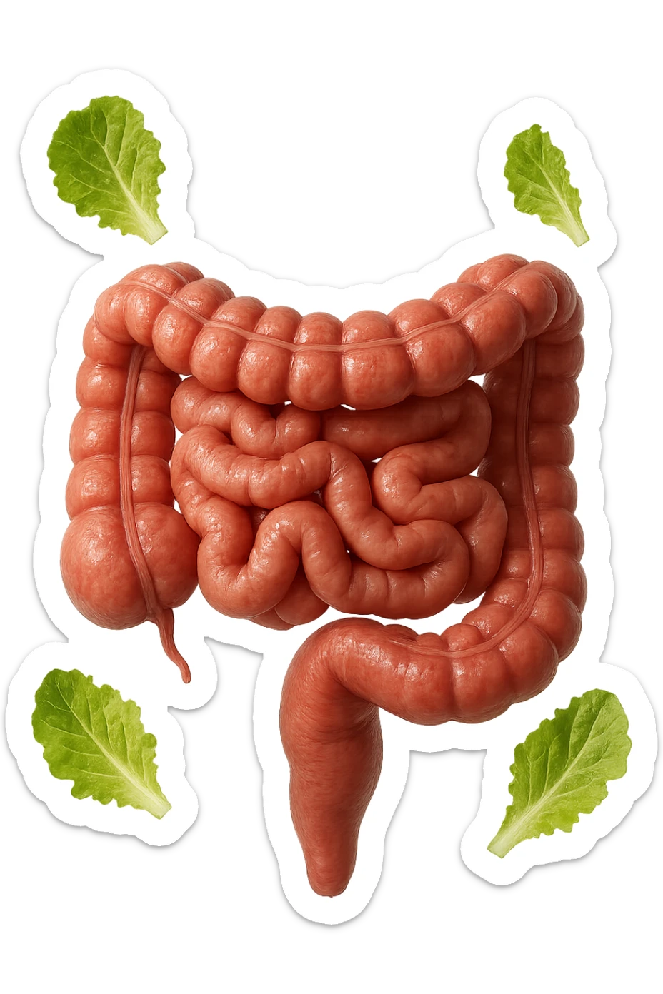 INTESTINO ANATOMICO UMANO REALISTICO INSIEME A FOGLIE DI INSALATA CHE FLUTTUANO IN ARIA, IPERREALISTICO 4K sticker