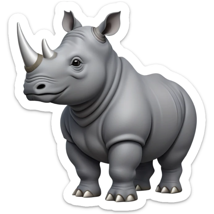 cinematic-rhino-full-body-standing-emoji,slate grey skin -massive-body-poised-powerfully,-thick-horn-curving-slightly-forward,-head-tilted-dramatically,-rough-grey-hide-covered-in-dust,-simplified-focused-features, sticker
