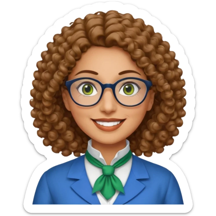 40 yr old Iranian woman, light brown very curly thick hair, shoulder length hair, green eyes, tan skin, big smile, big glasses, blue dress shirt with white cravat on neck sticker