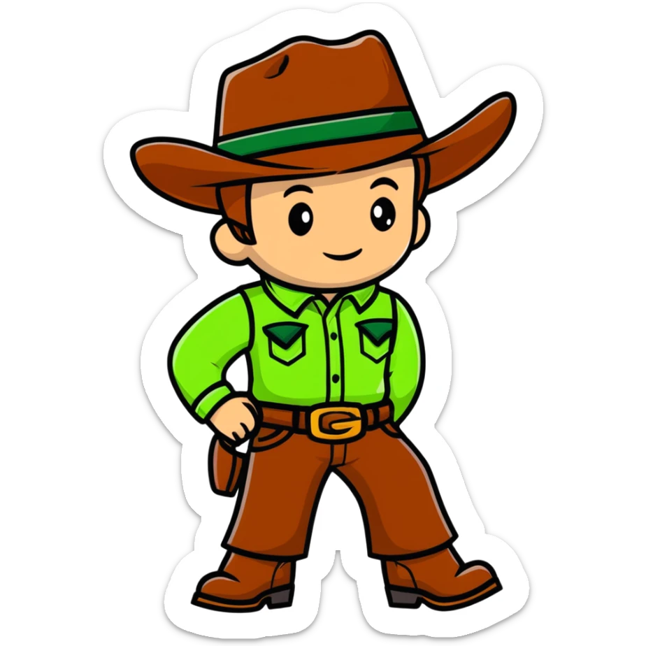Cartoon cowboy with bright green outfit and matching green cowboy hat, western style sticker