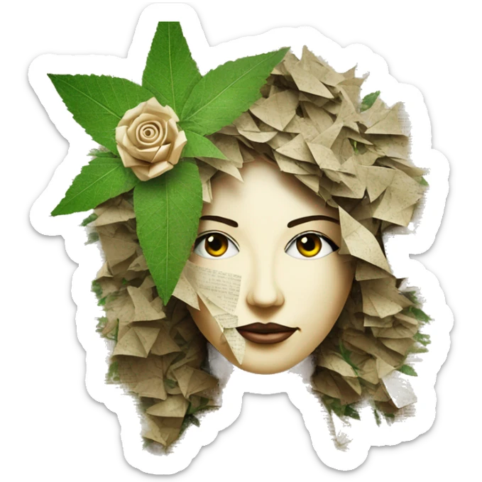 Photograph of Hemp 420 lady face made of 420 origami newspaper roses hemp leaves lantern fairy lights burning paper and hemp leaves in hair  sticker