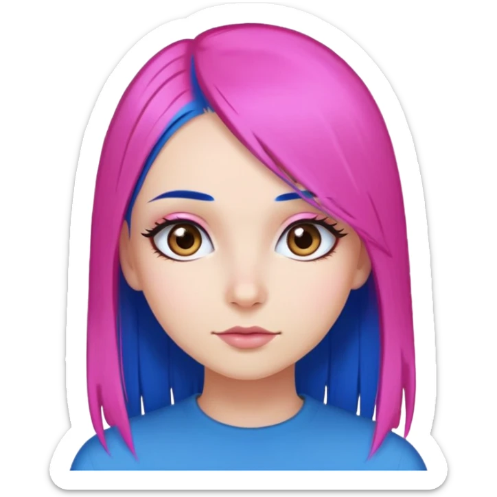 Girl with electric blue straight hair warm bright pink skin, brown eyes, long eyelashes and small nose sticker