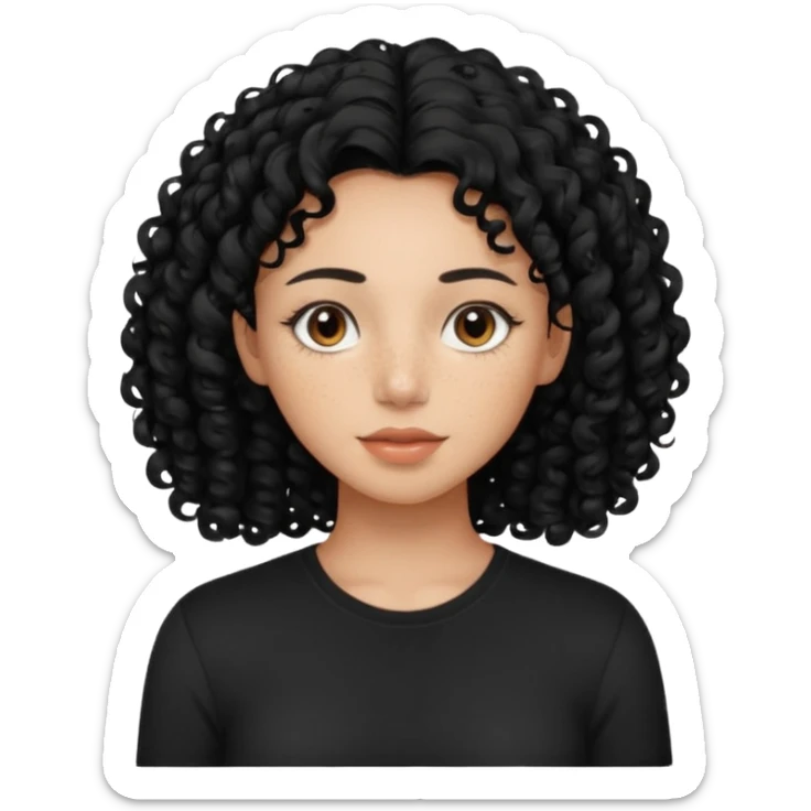 iPhone-style avatar icon of a woman with curly hair, morena complexion, subtle freckles, black shirt, clean and minimal sticker