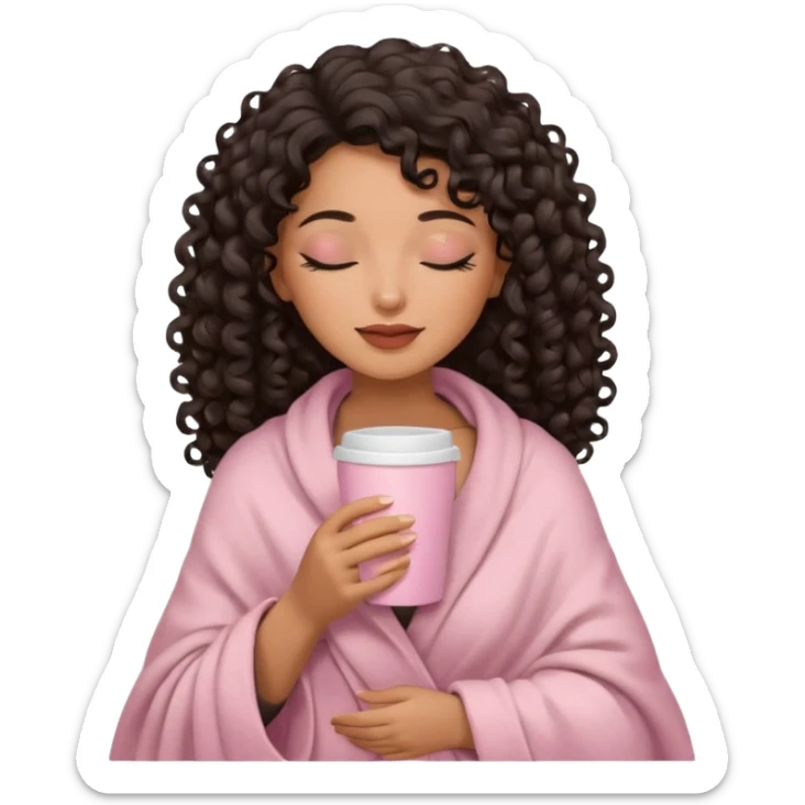 hispanic woman, brown skin, black long 3b curls, closed eyes, feminine face, holding soft pink coffee cup with beige blanket over shoulders sticker