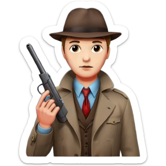 Icon for Detective Movie: A vintage movie poster-style design with a close-up of a detective holding a gun on a dark London street. The scene features a full moon, bloodstains on the pavement, and a mysterious atmosphere, evoking a classic noir detective thriller. Transparent background. sticker