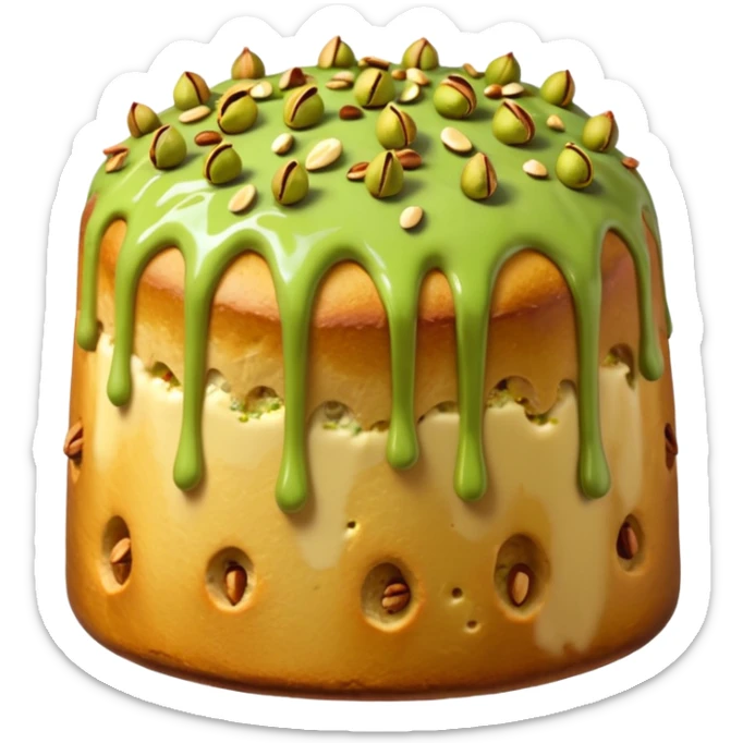 panettone con glassa al pistacchio che scende lungo i bordi e pistacchi come decorazione sticker
