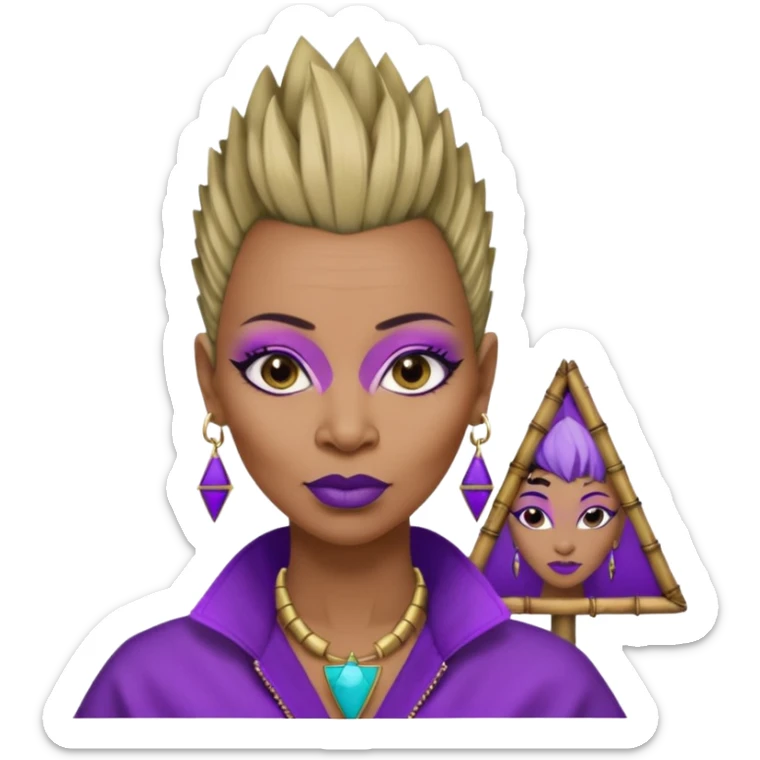 57 years young,  Black queen with a  no hair on side and a mohawk hairstyle, purple lipstick,  purple eyeshadow,  droopy looking  eyes, bamboo triangle earrings with the name Draya personalized on them.  sticker