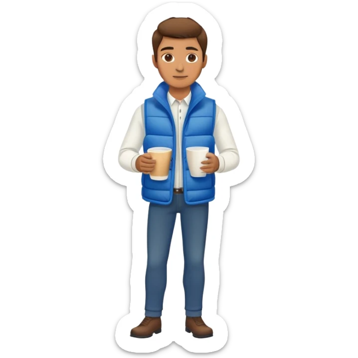 full body man wearing long sleeve white shirt with blue puffy winter vest holding a cup of coffee in front of him sticker