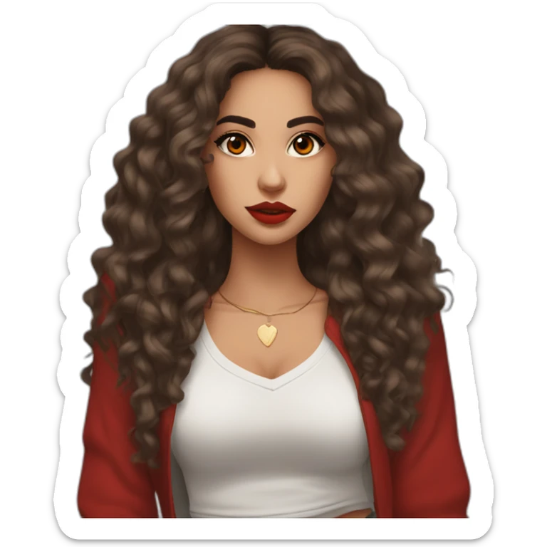 young moroccan woman with dark brown eyes, dark long curling hair, red lips, streetwear outfit sticker