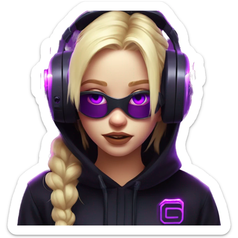 Russian cute blond girl wearing black hoody with violet letters "OMG", in vr headset. Cyberpunk style. Violet neon. sticker