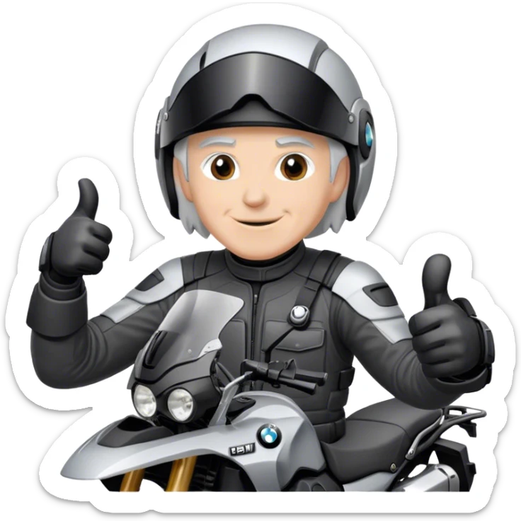 bmw gs  silver 1200 rider with grey hair  no beard giving a thumbs up with a black helmet sticker